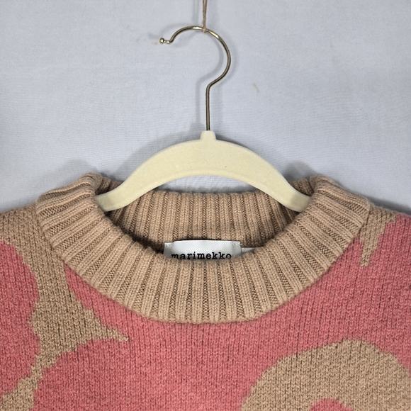 Marimekko Retro Unikko Sweater Vest Khaki Pink Floral Crewneck 100% Wool Small - Picture 4 of 16